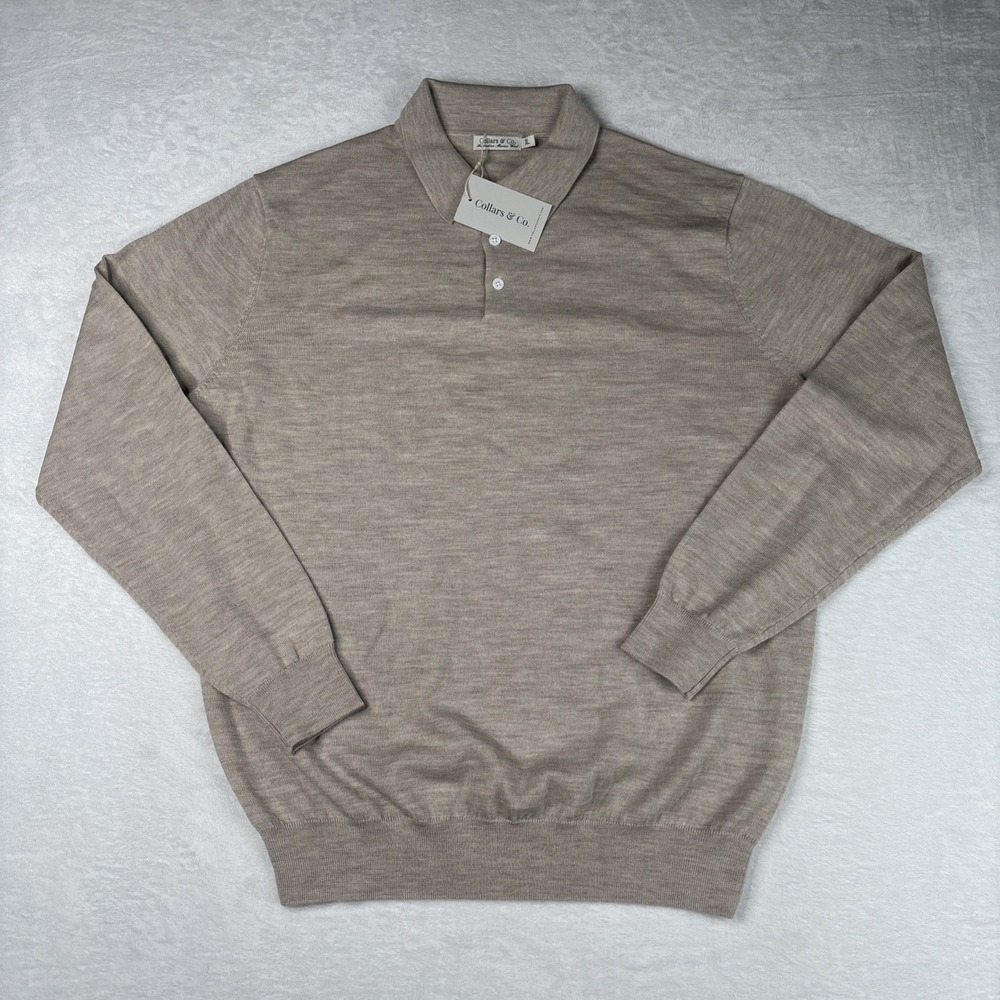 NWT Collars & Co Australian Merino Wool Men's XL Tan Long Sleeve Polo Button - Picture 2 of 7